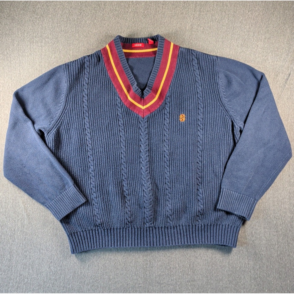 Vtg 90s IZOD Sweater Pullover XXL Chunky Cable Knit Wool V Neck Tennis Preppy - Picture 2 of 8